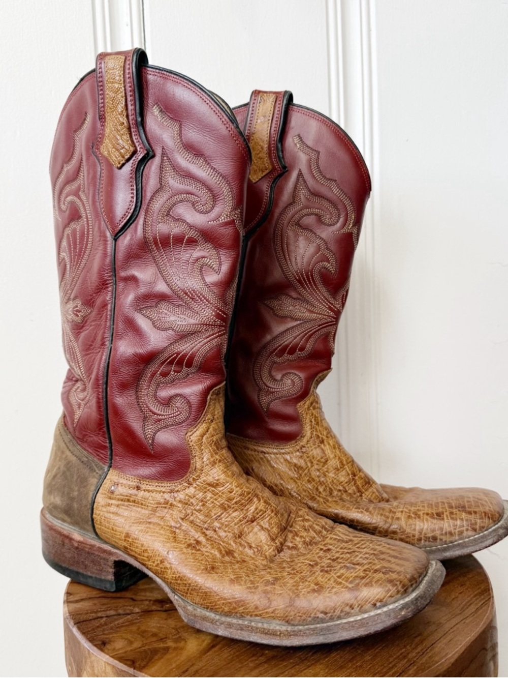 Rockin Leather Shrunken Bull Shoulder Western Boots Red & Brown Mens 10 D